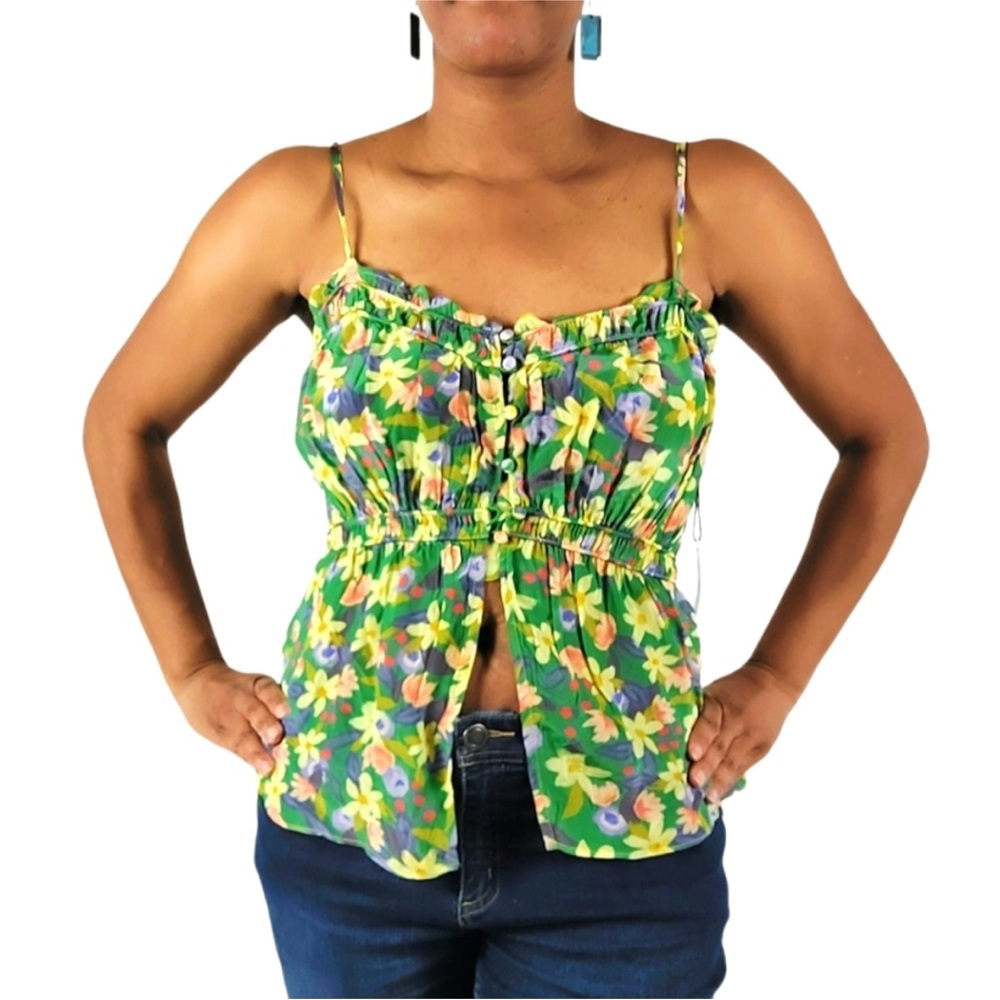 ASTR The Label Ruched Floral Green Babydoll Tank Top